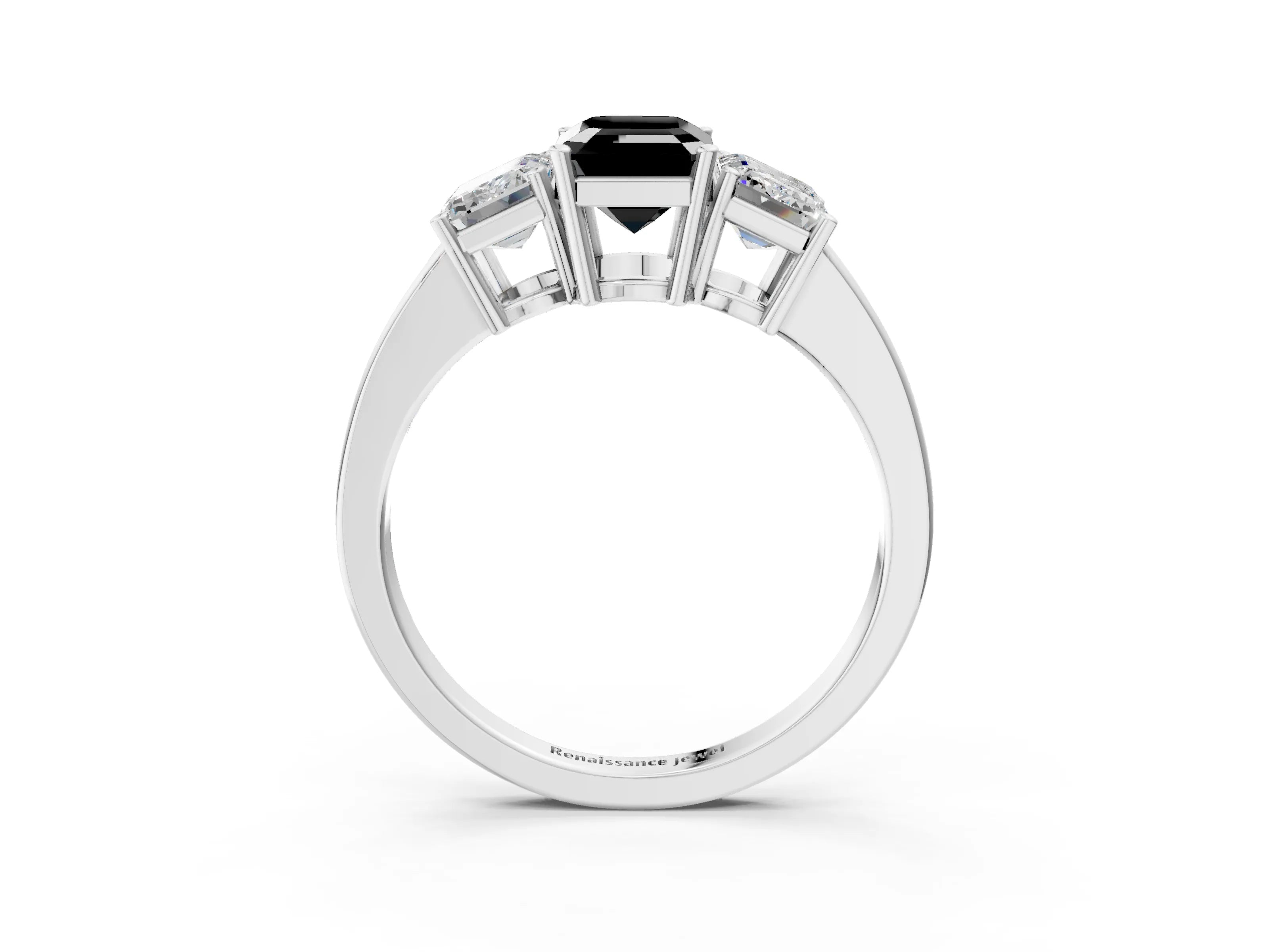 White gold Three-Stone Fancy Black Emerald Cut Cut Diamond Engagement Ring with Flat Band and Four-Prong Setting_3