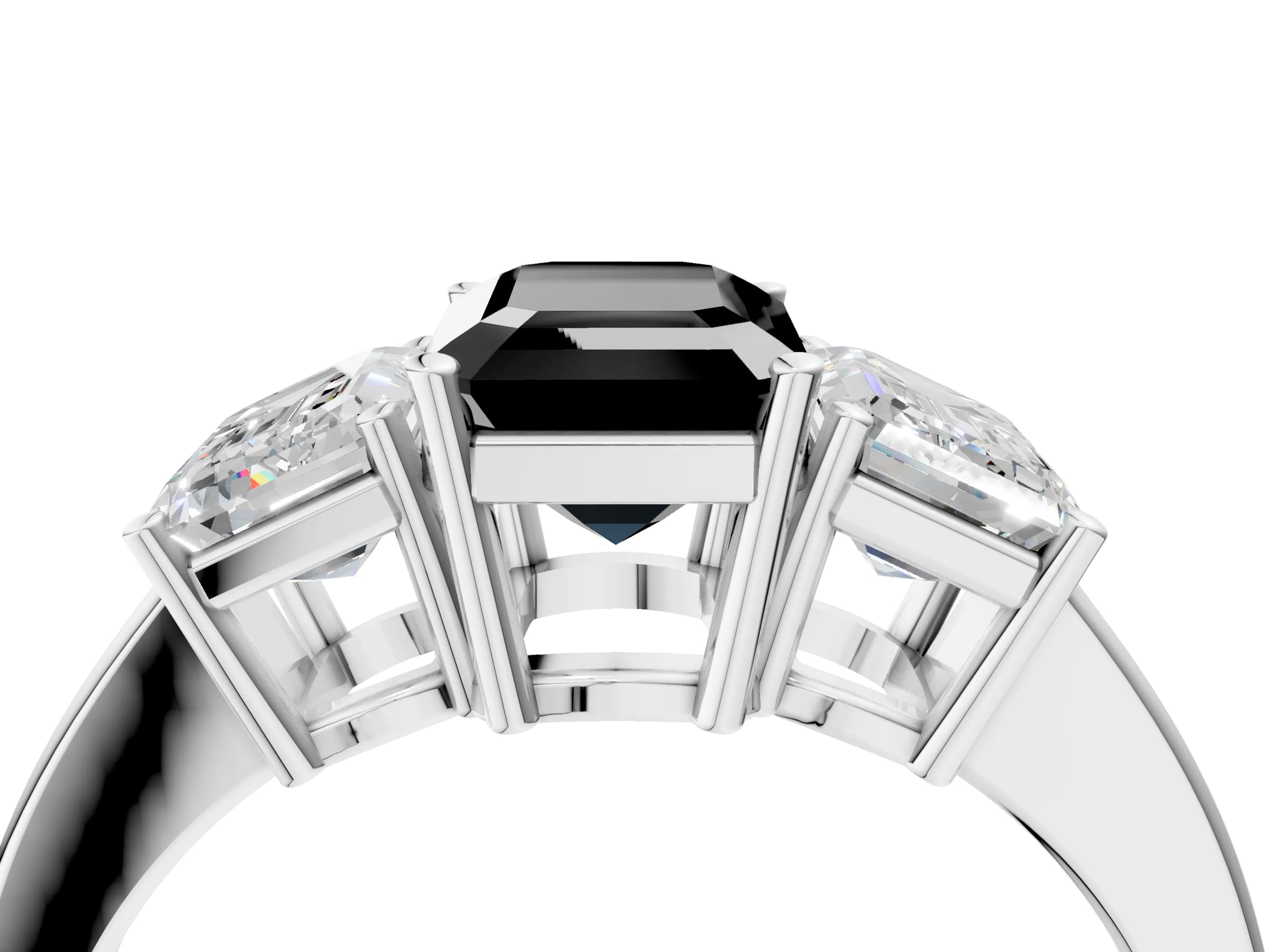 White gold Three-Stone Fancy Black Emerald Cut Cut Diamond Engagement Ring with Flat Band and Four-Prong Setting_4