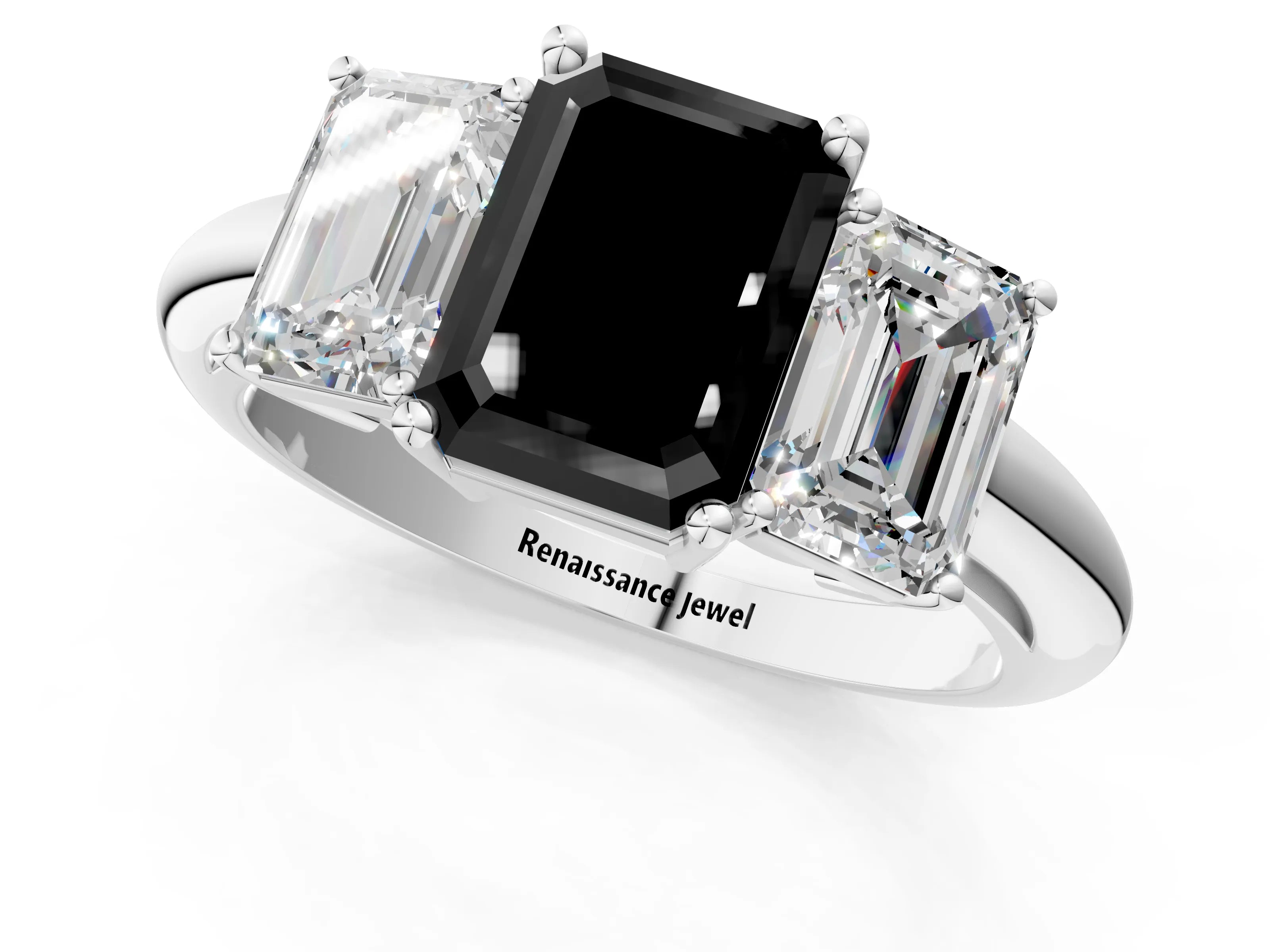 White gold Three-Stone Fancy Black Emerald Cut Cut Diamond Engagement Ring with Prong Setting on a White Gold Band_13