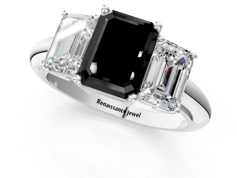 White gold Three-Stone Fancy Black Emerald Cut Cut Diamond Engagement Ring with Prong Setting on a White Gold Band_13