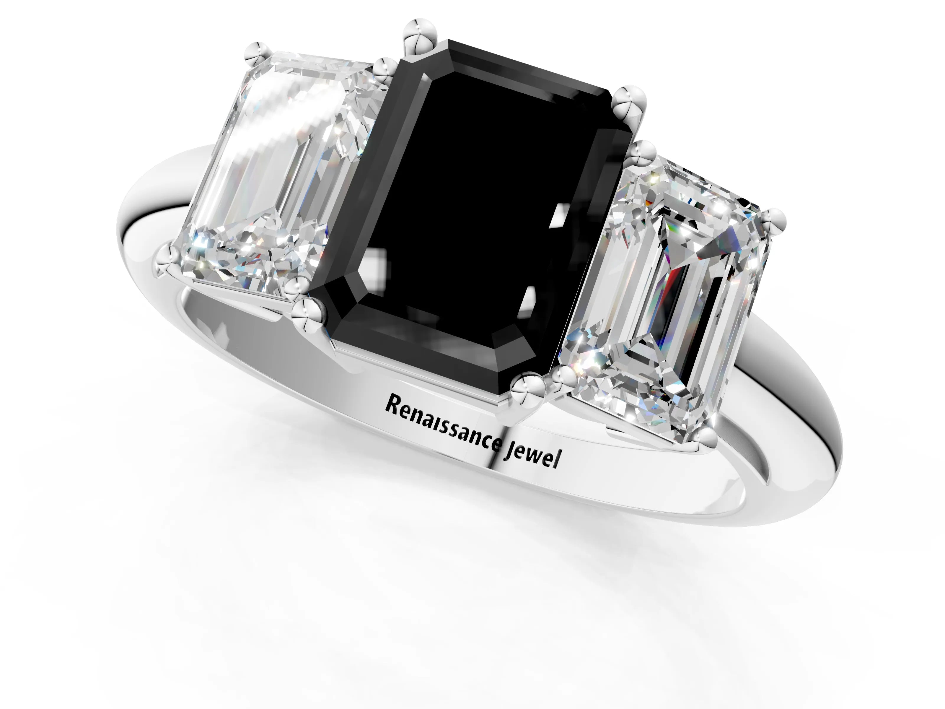 White gold Three-Stone Fancy Black Emerald Cut Cut Diamond Engagement Ring with Prong Setting on a White Gold Band_13