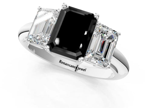White gold Three-Stone Fancy Black Emerald Cut Cut Diamond Engagement Ring with Prong Setting on a White Gold Band_13