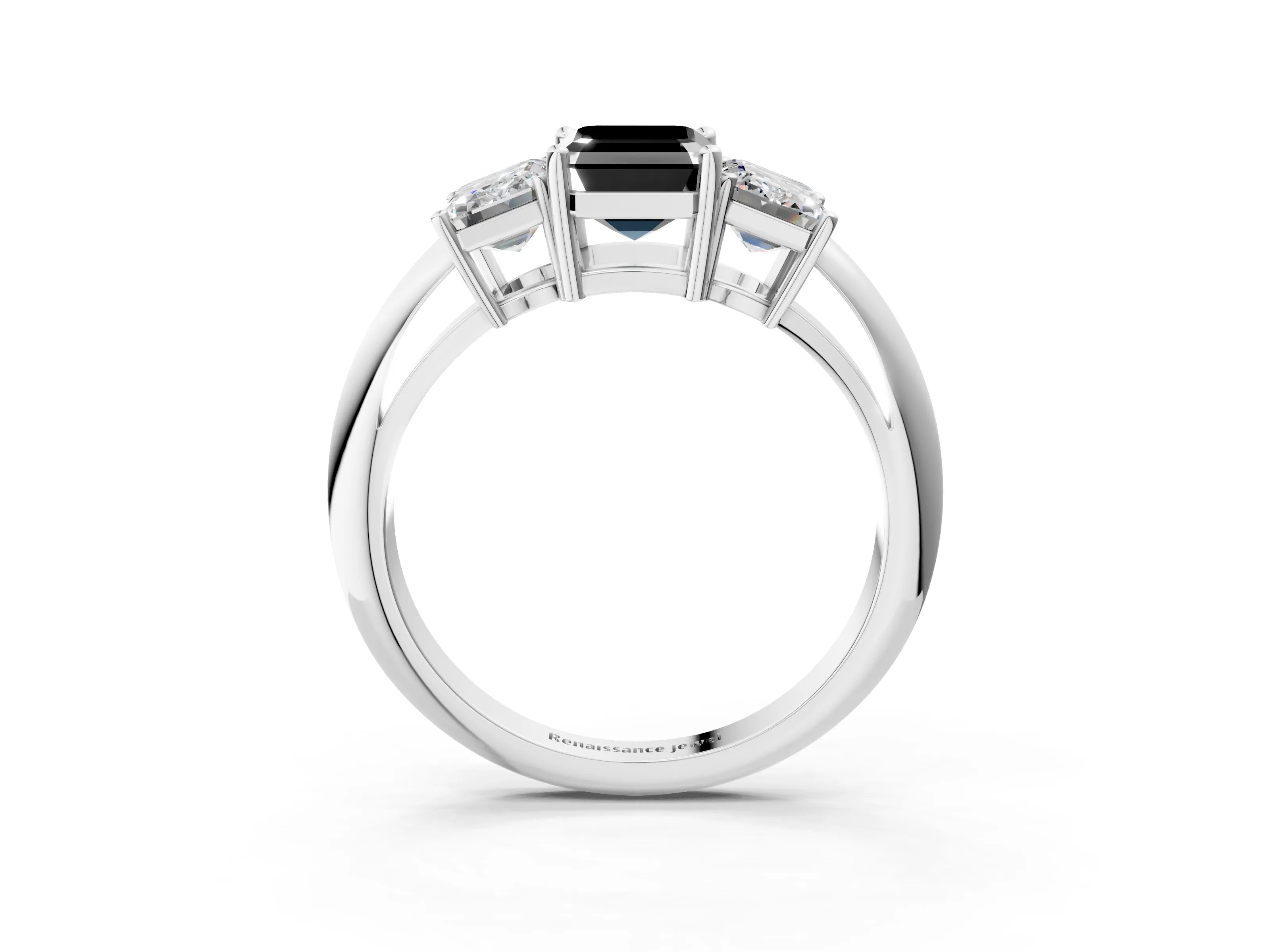 White gold Three-Stone Fancy Black Emerald Cut Cut Diamond Engagement Ring with Prong Setting on a White Gold Band_15