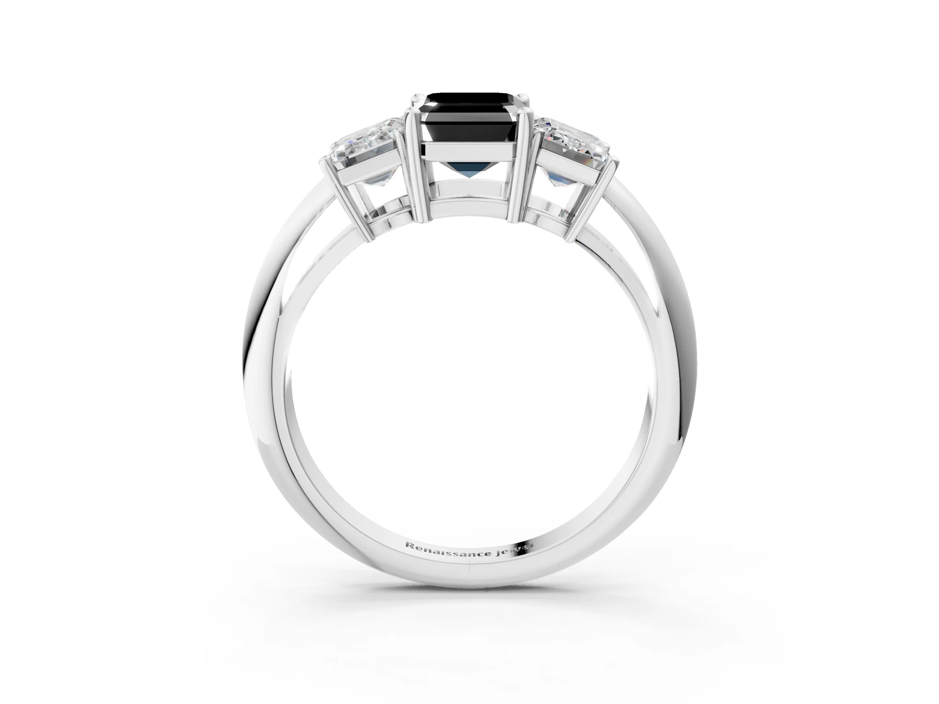 White gold Three-Stone Fancy Black Emerald Cut Cut Diamond Engagement Ring with Prong Setting on a White Gold Band_15