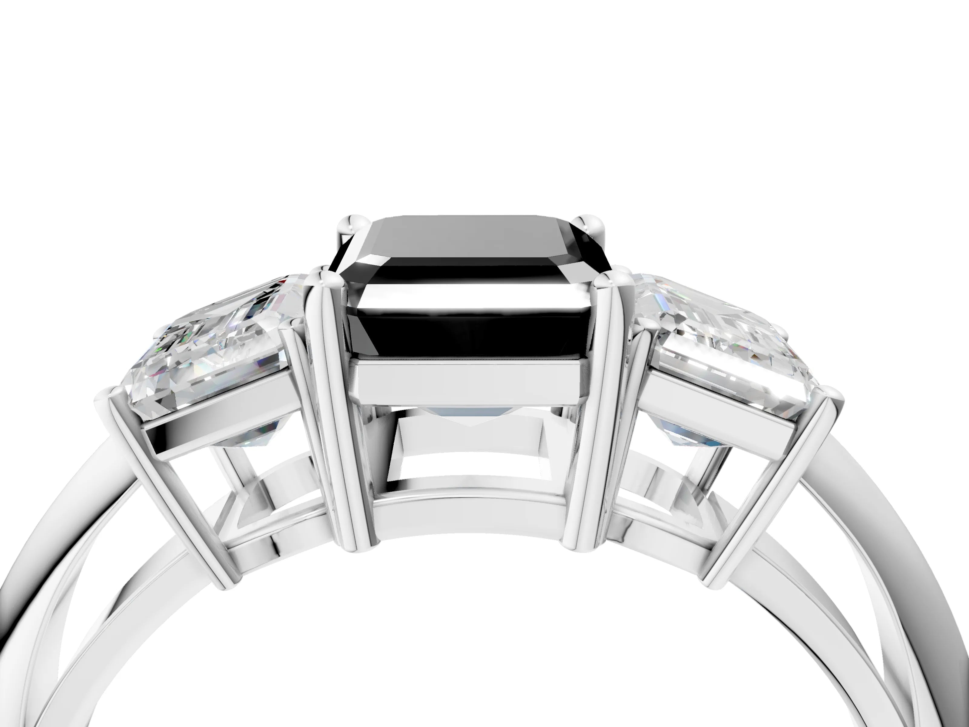 White gold Three-Stone Fancy Black Emerald Cut Cut Diamond Engagement Ring with Prong Setting on a White Gold Band_16