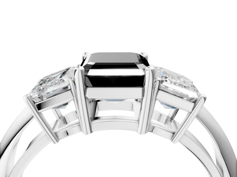 White gold Three-Stone Fancy Black Emerald Cut Cut Diamond Engagement Ring with Prong Setting on a White Gold Band_16