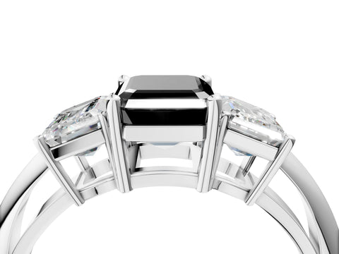 White gold Three-Stone Fancy Black Emerald Cut Cut Diamond Engagement Ring with Prong Setting on a White Gold Band_16