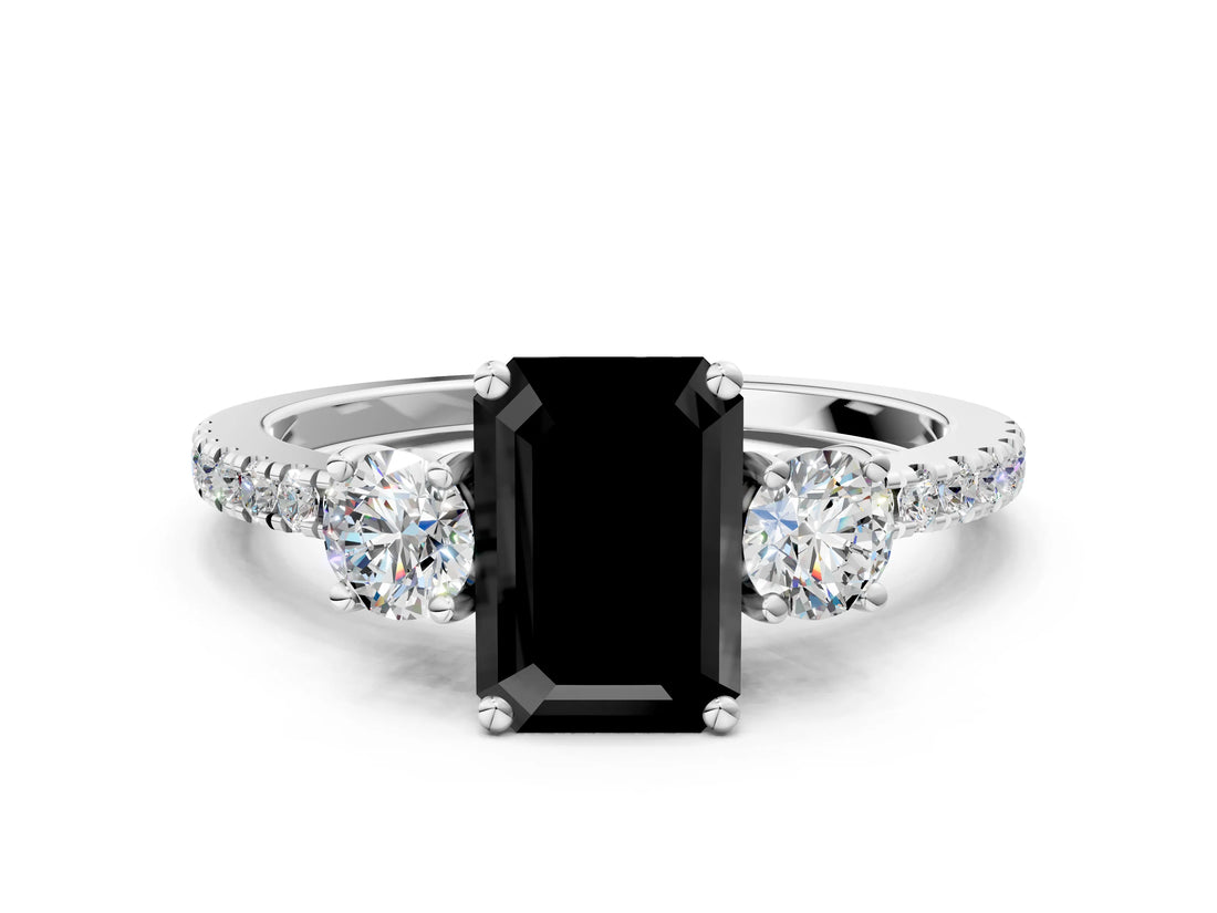 White gold Three-Stone Fancy Black Emerald Cut Cut Diamond Pavé Band with Prong Setting_27