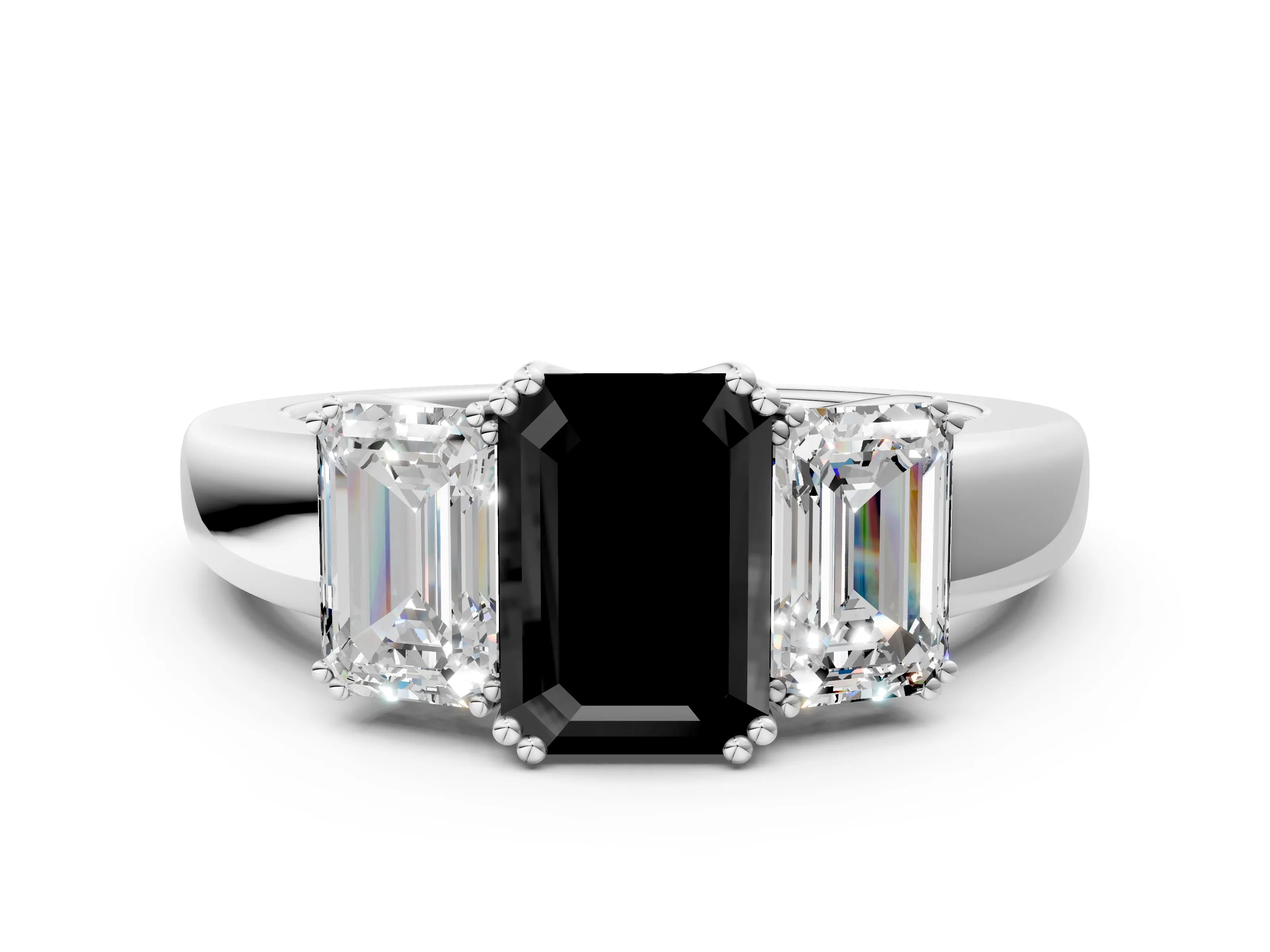 White gold Three-Stone Fancy Black Emerald Cut Cut Diamond Ring with Channel Set Band and Four-Prong Setting
