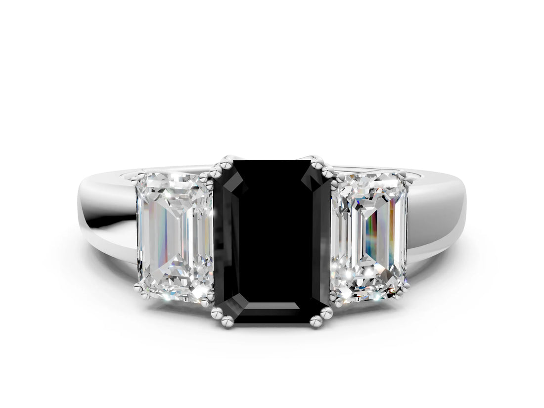 White gold Three-Stone Fancy Black Emerald Cut Cut Diamond Ring with Channel Set Band and Four-Prong Setting_12