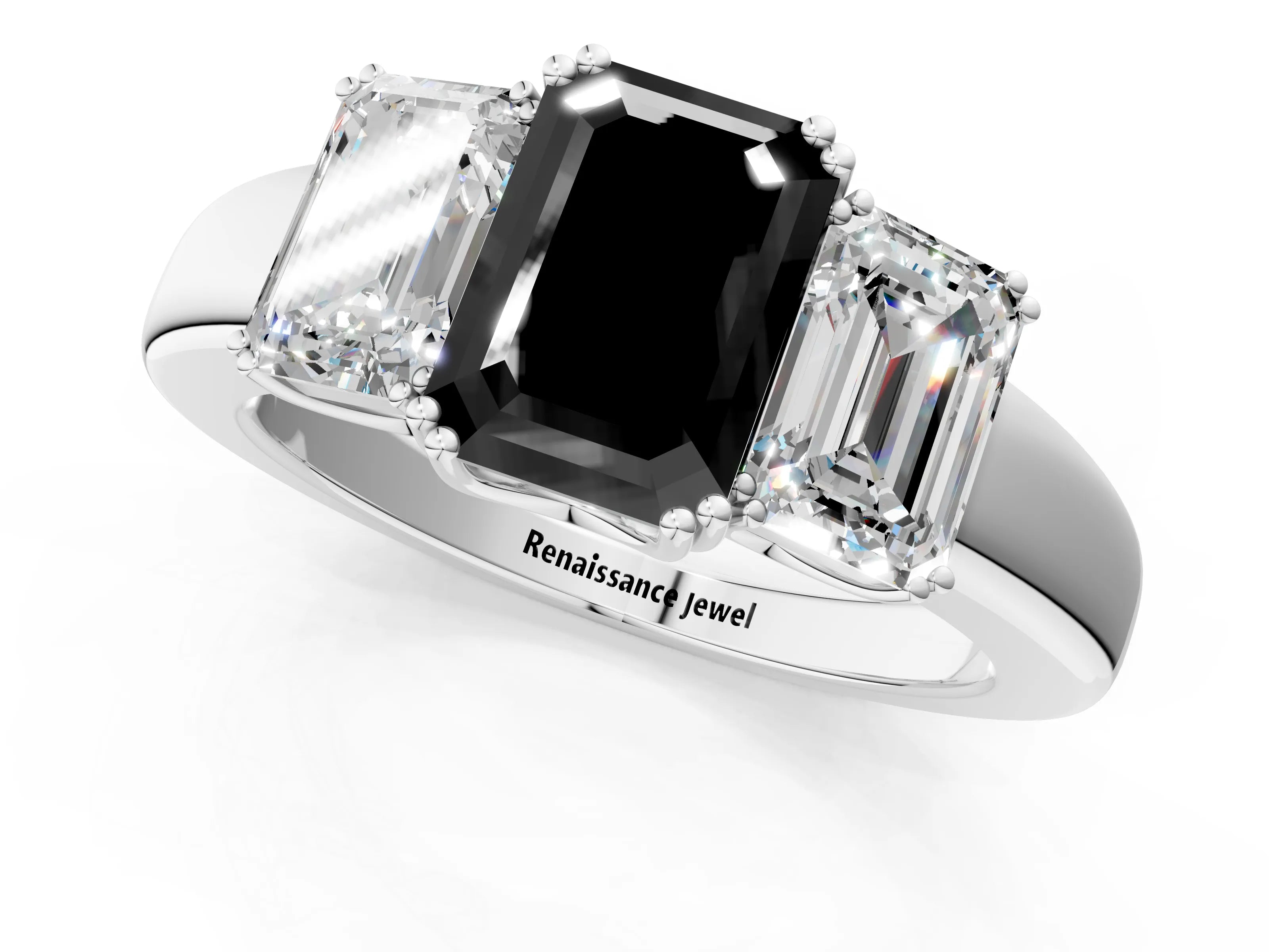 White gold Three-Stone Fancy Black Emerald Cut Cut Diamond Ring with Channel Set Band and Four-Prong Setting_1