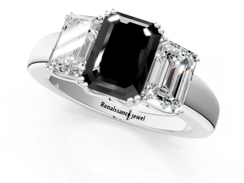 White gold Three-Stone Fancy Black Emerald Cut Cut Diamond Ring with Channel Set Band and Four-Prong Setting_1
