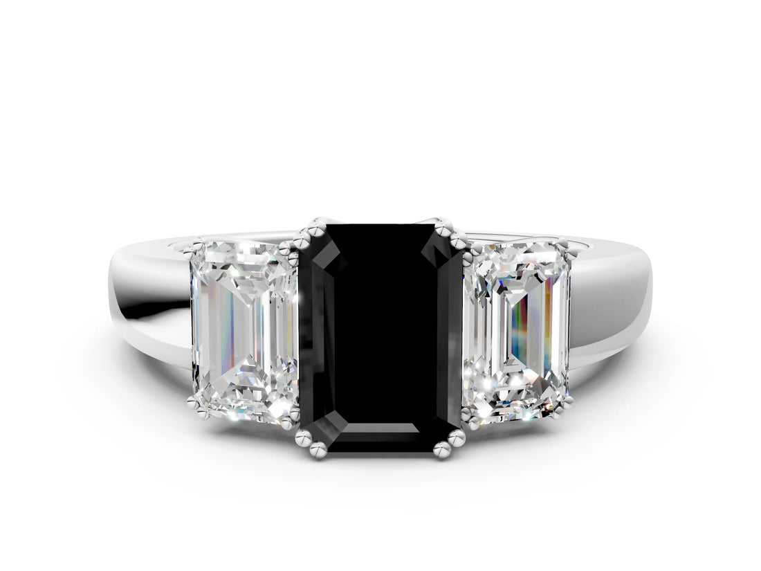 White gold Three-Stone Fancy Black Emerald Cut Cut Diamond Ring with Channel Set Band and Four-Prong Setting_49