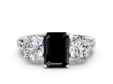 White gold Three-Stone Fancy Black Emerald Cut Cut Diamond Ring with Channel-Set Band and Prong Setting
