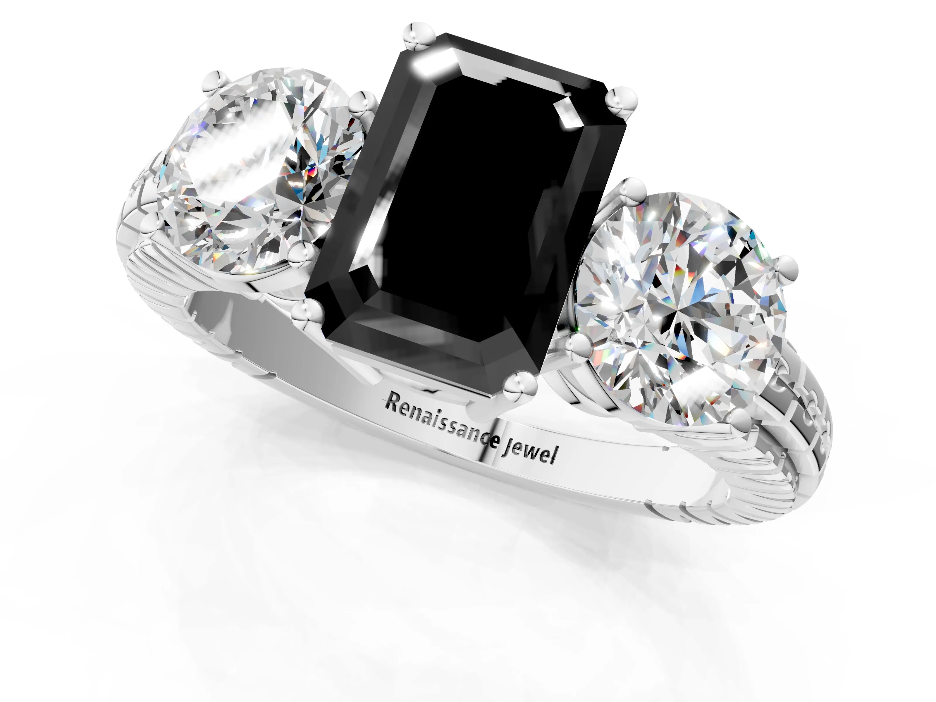 White gold Three-Stone Fancy Black Emerald Cut Cut Diamond Ring with Channel-Set Band and Prong Setting_1