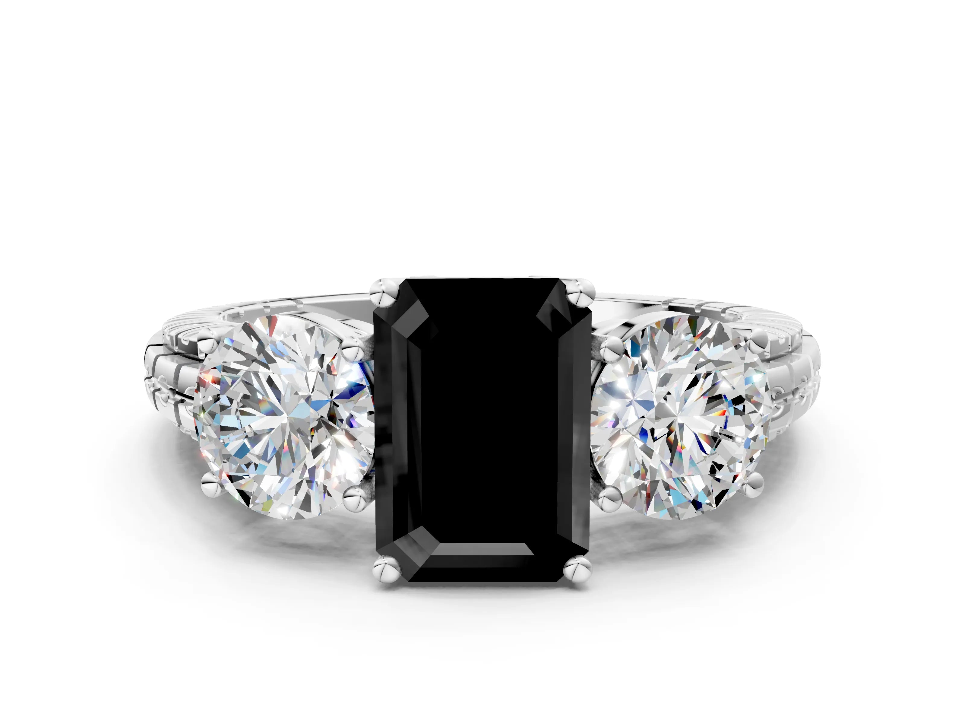 White gold Three-Stone Fancy Black Emerald Cut Cut Diamond Ring with Channel-Set Band and Prong Setting