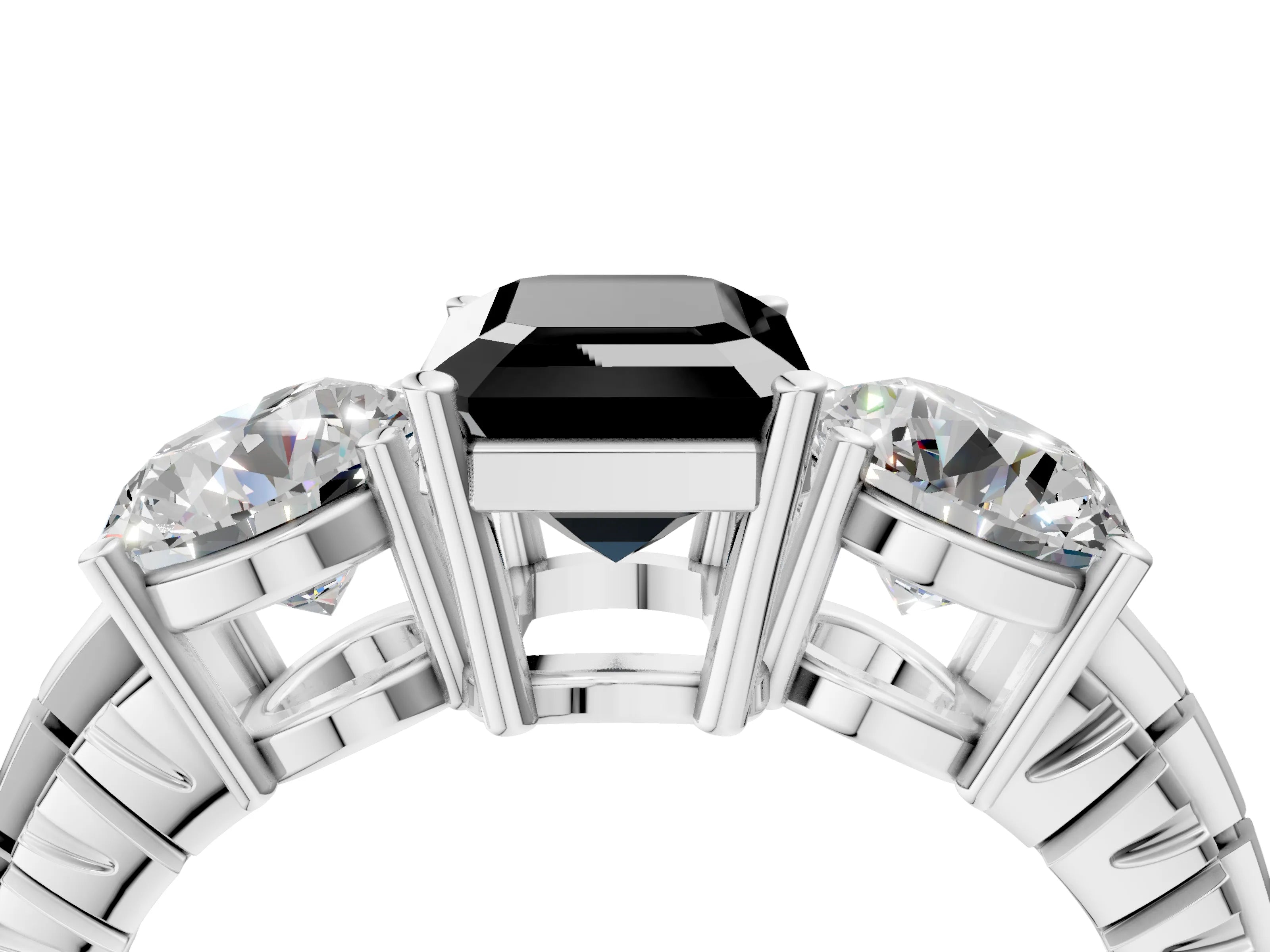 White gold Three-Stone Fancy Black Emerald Cut Cut Diamond Ring with Channel-Set Band and Prong Setting_4