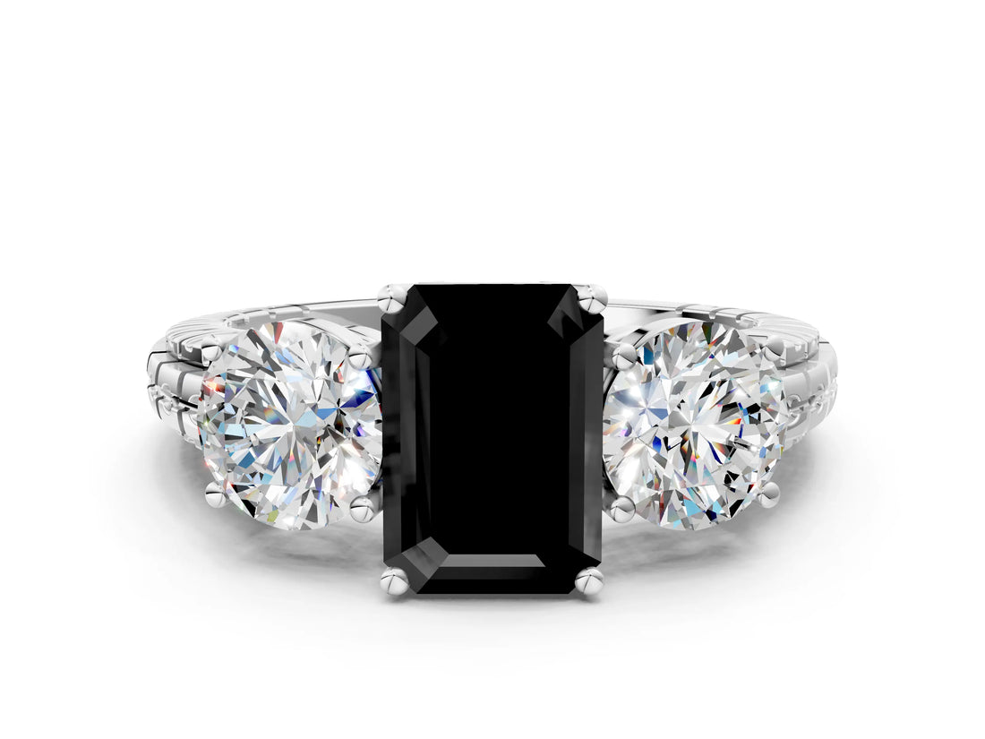 White gold Three-Stone Fancy Black Emerald Cut Cut Diamond Ring with Channel-Set Band and Prong Setting