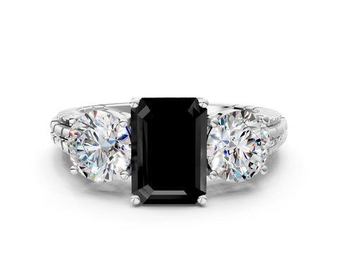 White gold Three-Stone Fancy Black Emerald Cut Cut Diamond Ring with Channel-Set Band and Prong Setting