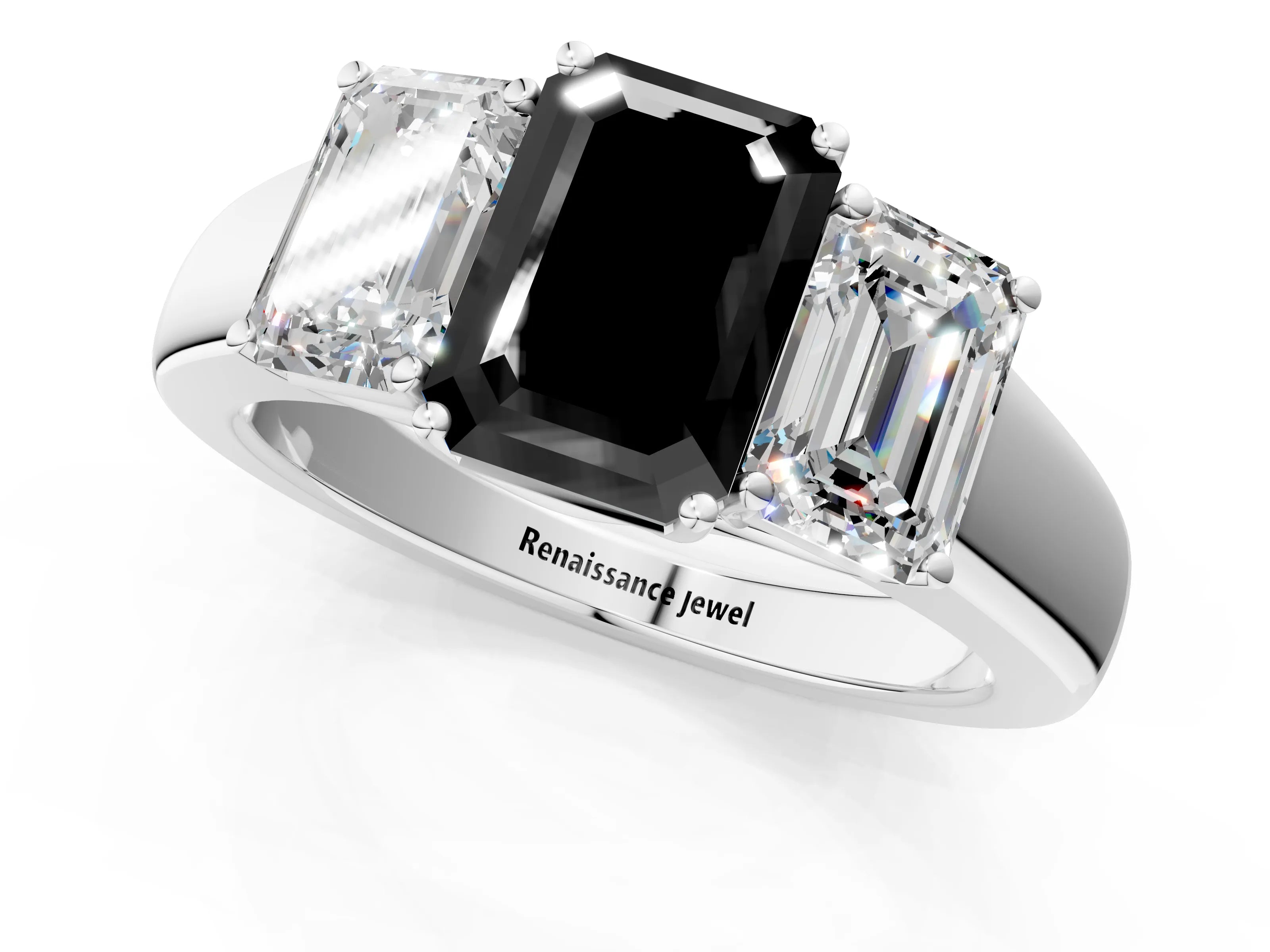 White gold Three-Stone Fancy Black Emerald Cut Cut Diamond Ring with Prong Setting and Classic Band_1