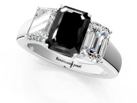 White gold Three-Stone Fancy Black Emerald Cut Cut Diamond Ring with Prong Setting and Classic Band_1