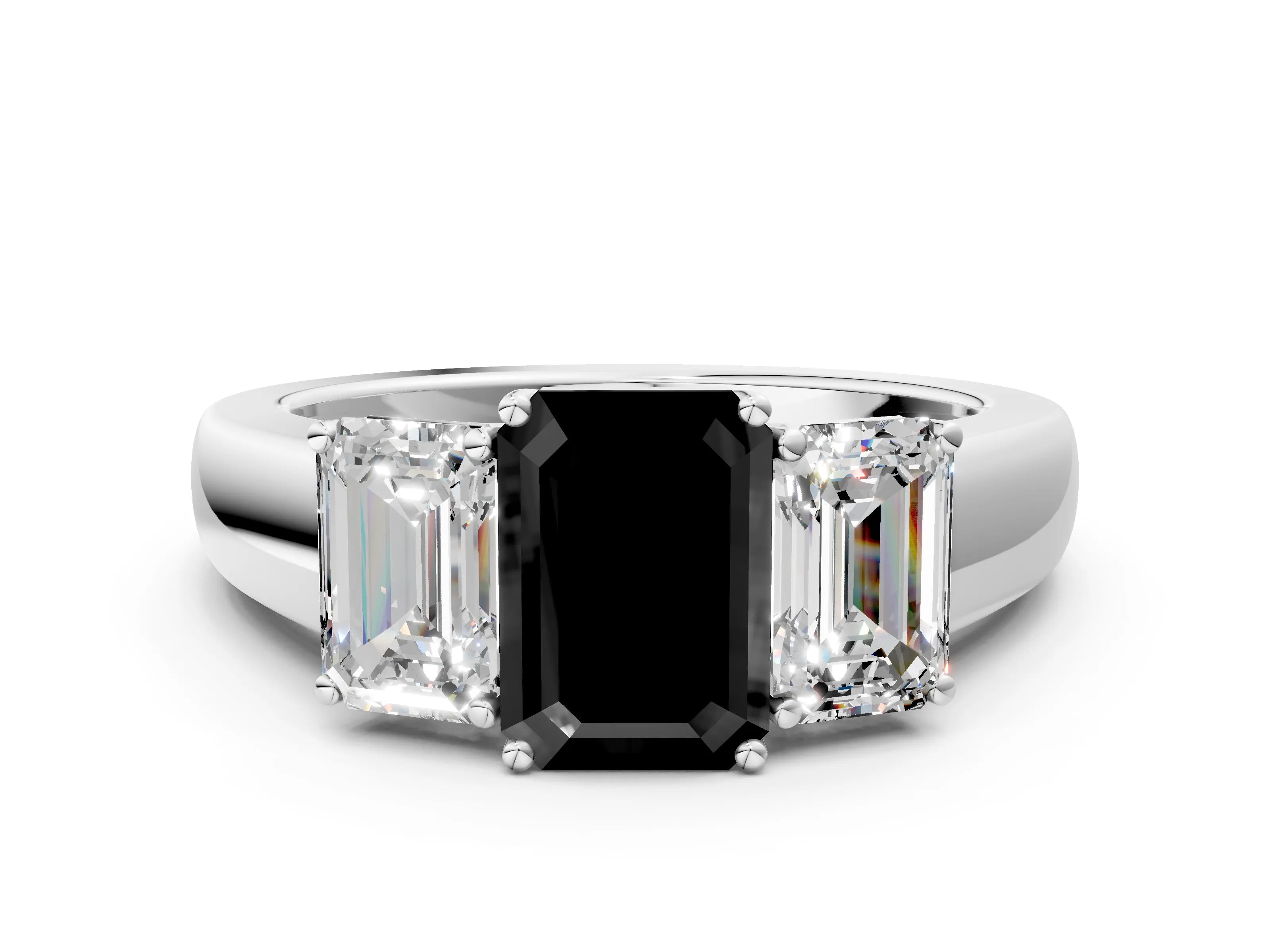 White gold Three-Stone Fancy Black Emerald Cut Cut Diamond Ring with Prong Setting and Classic Band