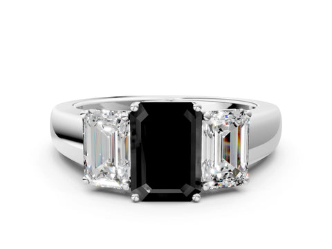 White gold Three-Stone Fancy Black Emerald Cut Cut Diamond Ring with Prong Setting and Classic Band