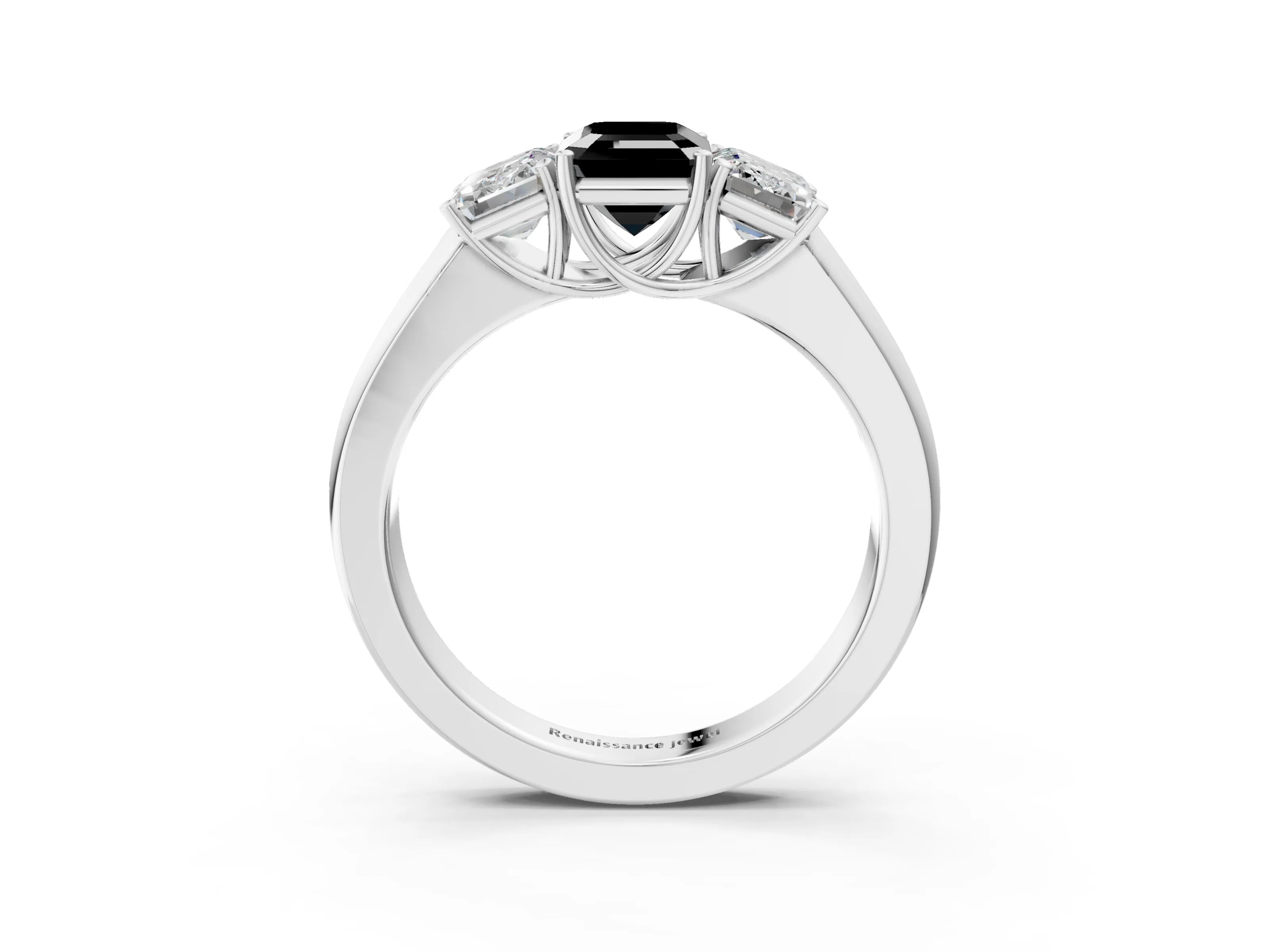 White gold Three-Stone Fancy Black Emerald Cut Cut Diamond Ring with Prong Setting and Classic Band_3