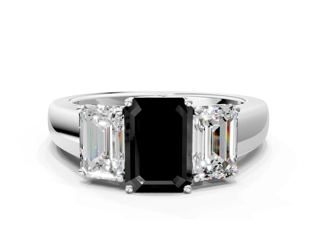 White gold Three-Stone Fancy Black Emerald Cut Cut Diamond Ring with Prong Setting and Classic Band