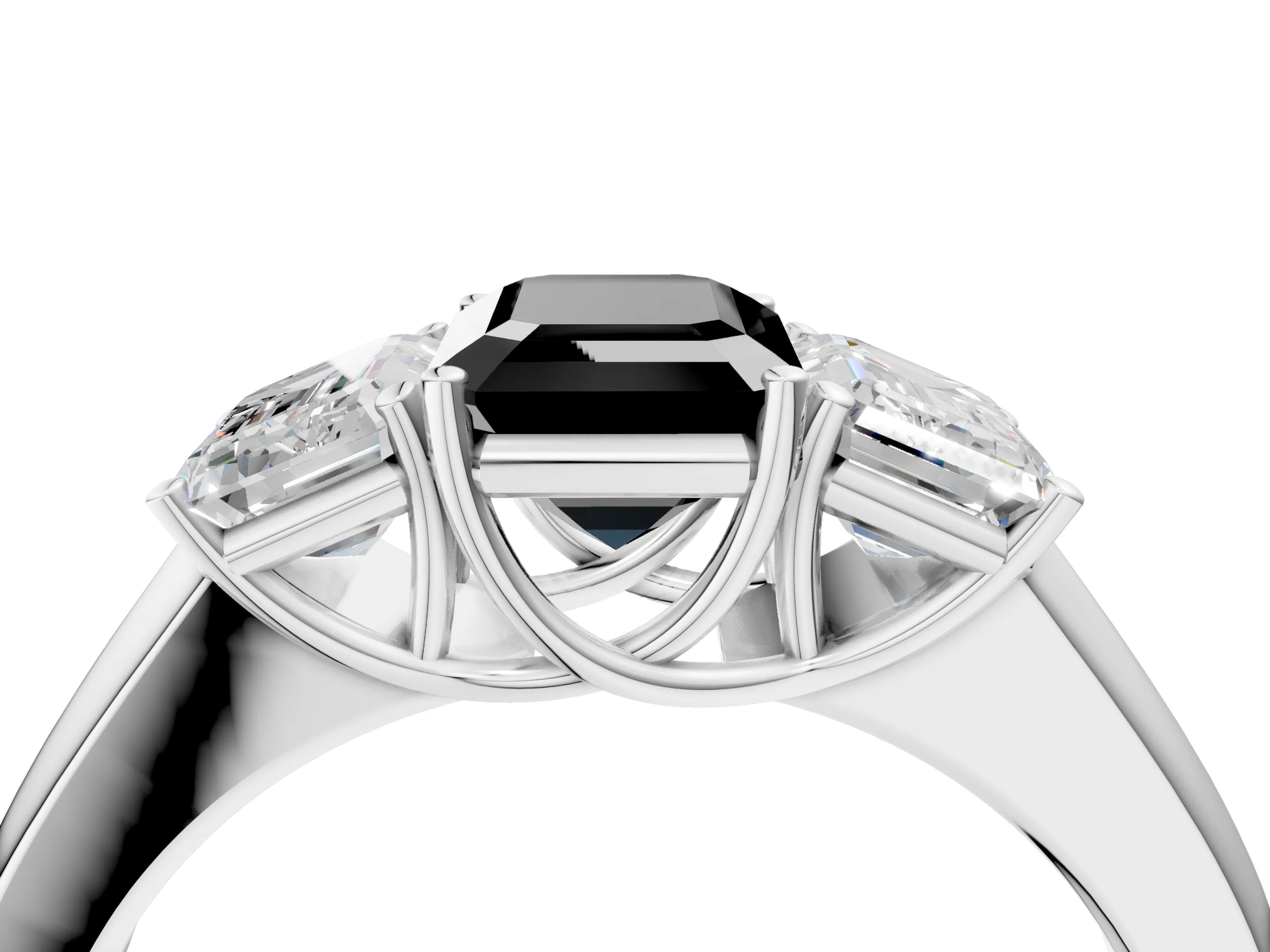 White gold Three-Stone Fancy Black Emerald Cut Cut Diamond Ring with Prong Setting and Classic Band_4