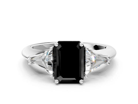 White gold Three-Stone Fancy Black Emerald Cut Cut Diamond Ring with Trillion Side Stones and Four-Prong Setting_11