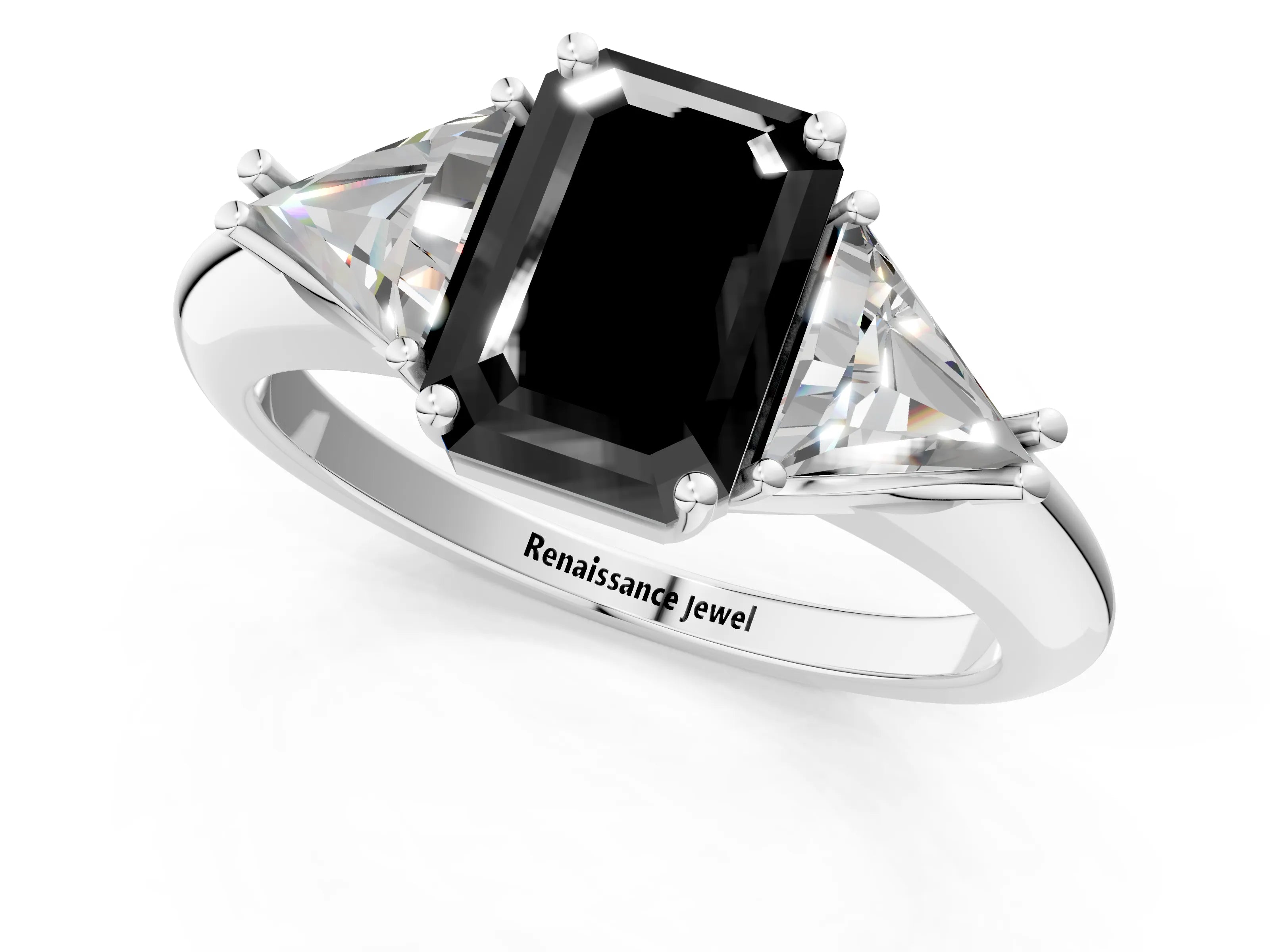 White gold Three-Stone Fancy Black Emerald Cut Cut Diamond Ring with Trillion Side Stones and Four-Prong Setting_12