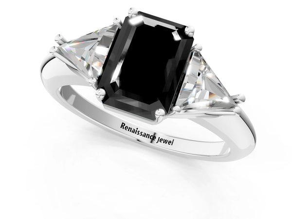 Platinum Emerald Cut Three Stone Engagement Ring Setting for Black Center with Trillion Side Stones