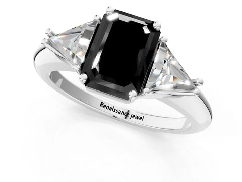 White gold Three-Stone Fancy Black Emerald Cut Cut Diamond Ring with Trillion Side Stones and Four-Prong Setting_12