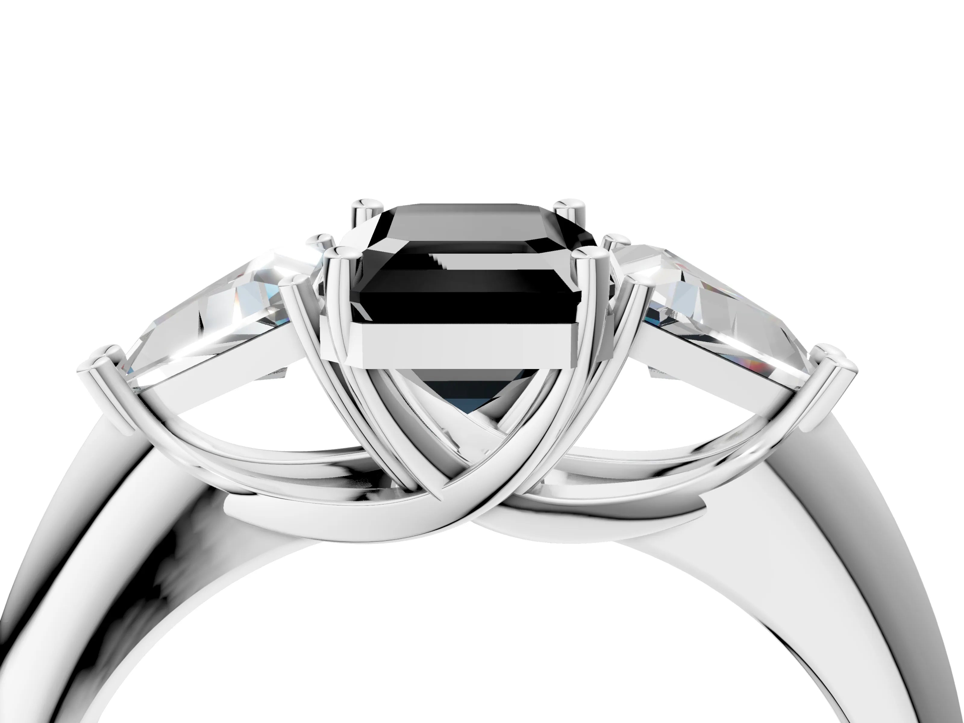 White gold Three-Stone Fancy Black Emerald Cut Cut Diamond Ring with Trillion Side Stones and Four-Prong Setting_15