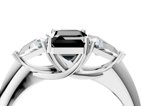 White gold Three-Stone Fancy Black Emerald Cut Cut Diamond Ring with Trillion Side Stones and Four-Prong Setting_15