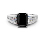 White gold Three-Stone Fancy Black Emerald Cut Cut Diamond Ring with Trillion Side Stones on a Split Shank Band