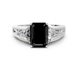White gold Three-Stone Fancy Black Emerald Cut Cut Diamond Ring with Trillion Side Stones on a Split Shank Band_12