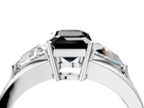 White gold Three-Stone Fancy Black Emerald Cut Cut Diamond Ring with Trillion Side Stones on a Split Shank Band_16