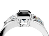 White gold Three-Stone Fancy Black Emerald Cut Cut Diamond Ring with Trillion Side Stones on a Split Shank Band_4
