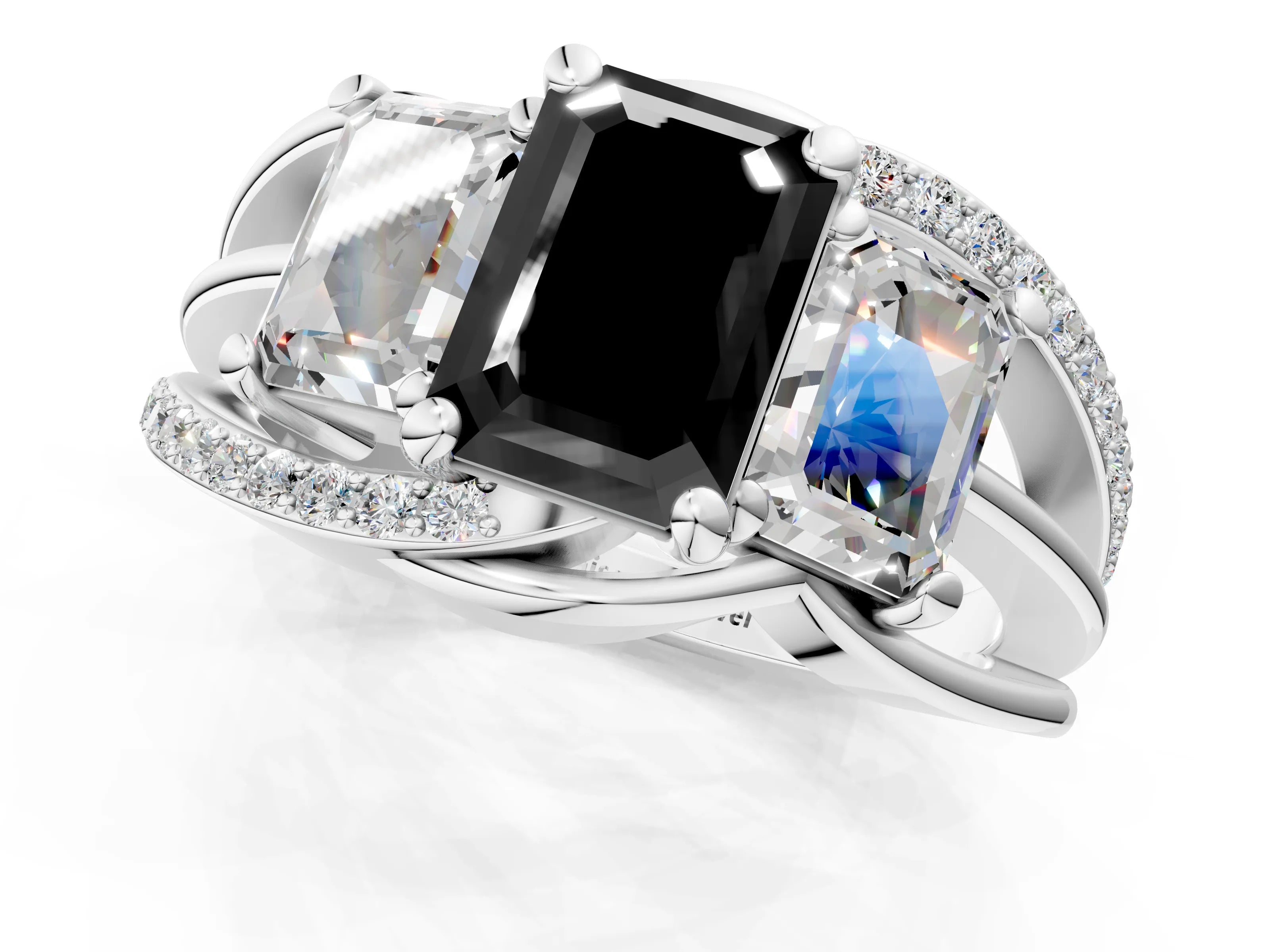 White gold Three-Stone Fancy Black Emerald Cut Cut Diamond Split Shank Prong Set Ring_13
