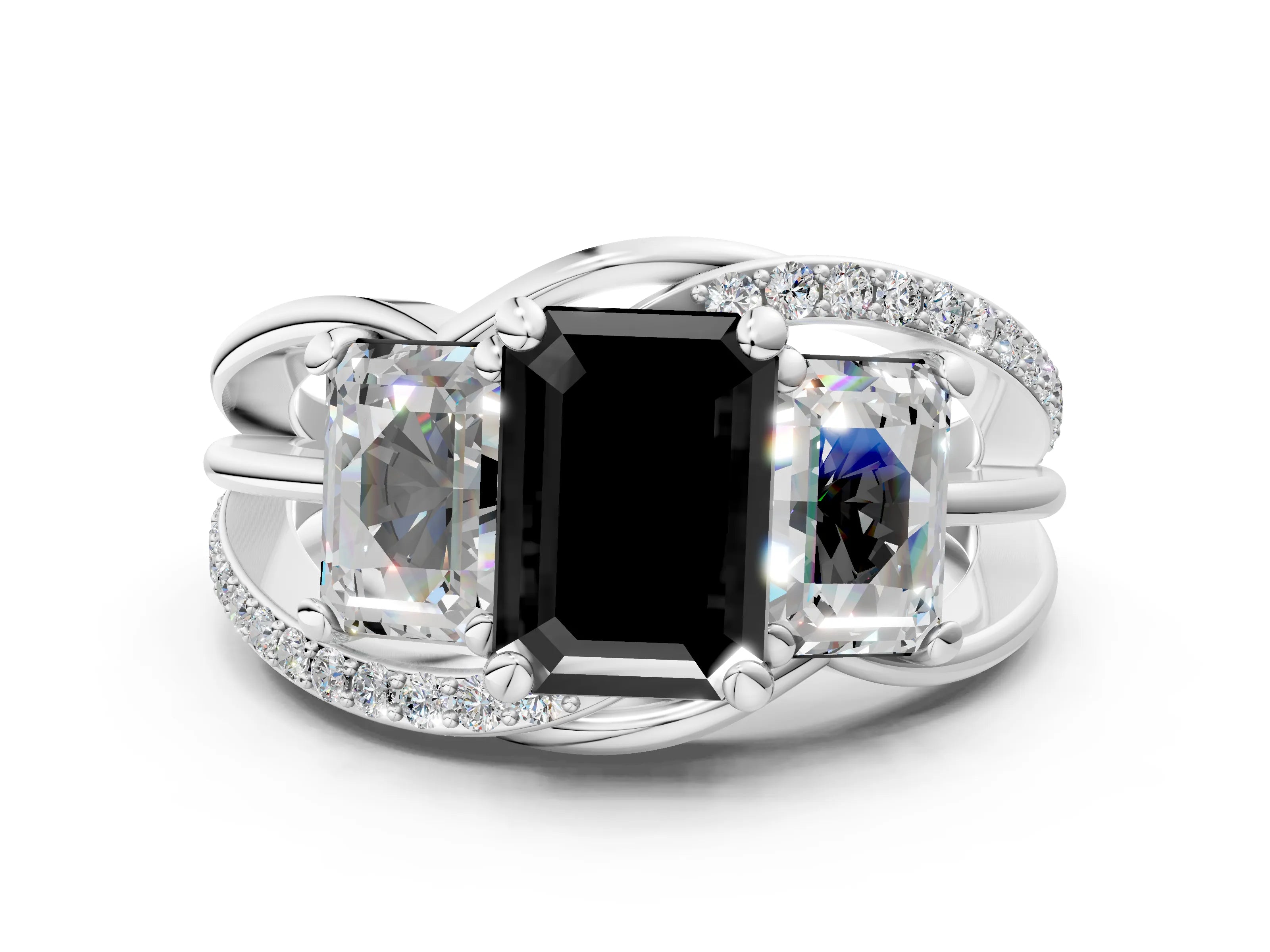 White gold Three-Stone Fancy Black Emerald Cut Cut Diamond Split Shank Prong Set Ring_24