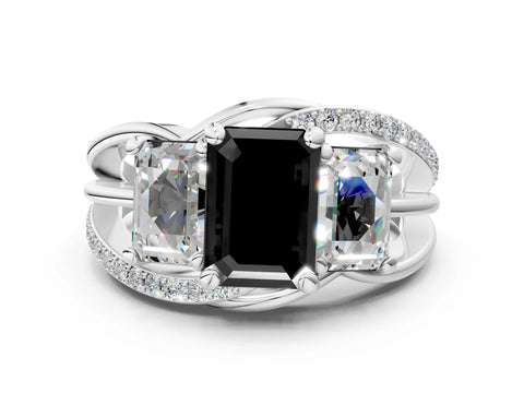 White gold Three-Stone Fancy Black Emerald Cut Cut Diamond Split Shank Prong Set Ring_24
