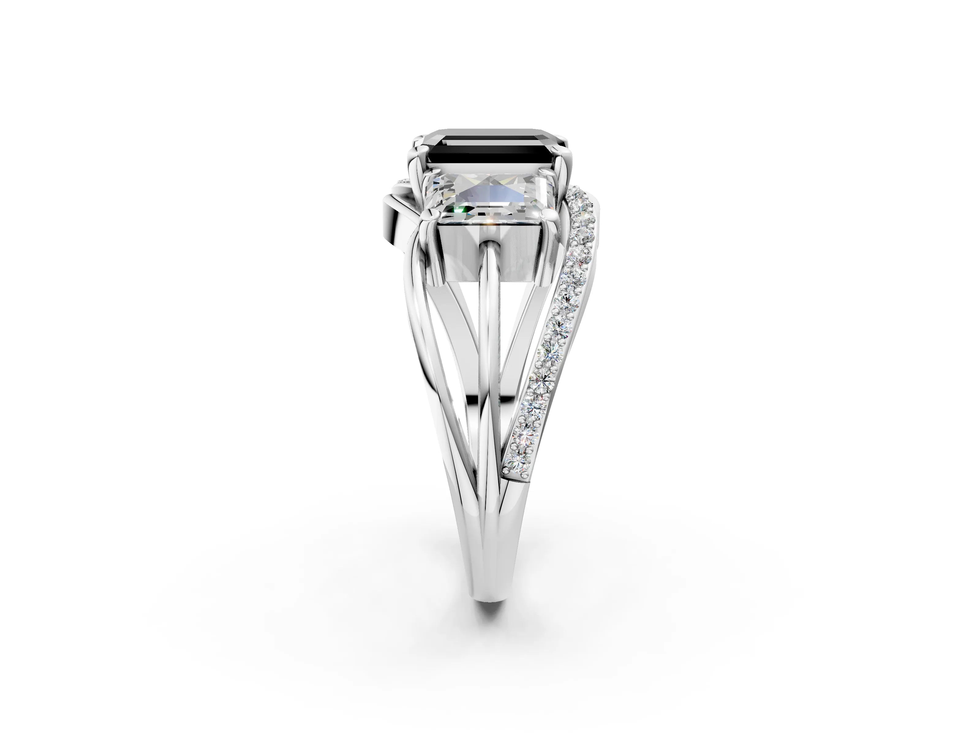 White gold Three-Stone Fancy Black Emerald Cut Cut Diamond Split Shank Prong Set Ring_26
