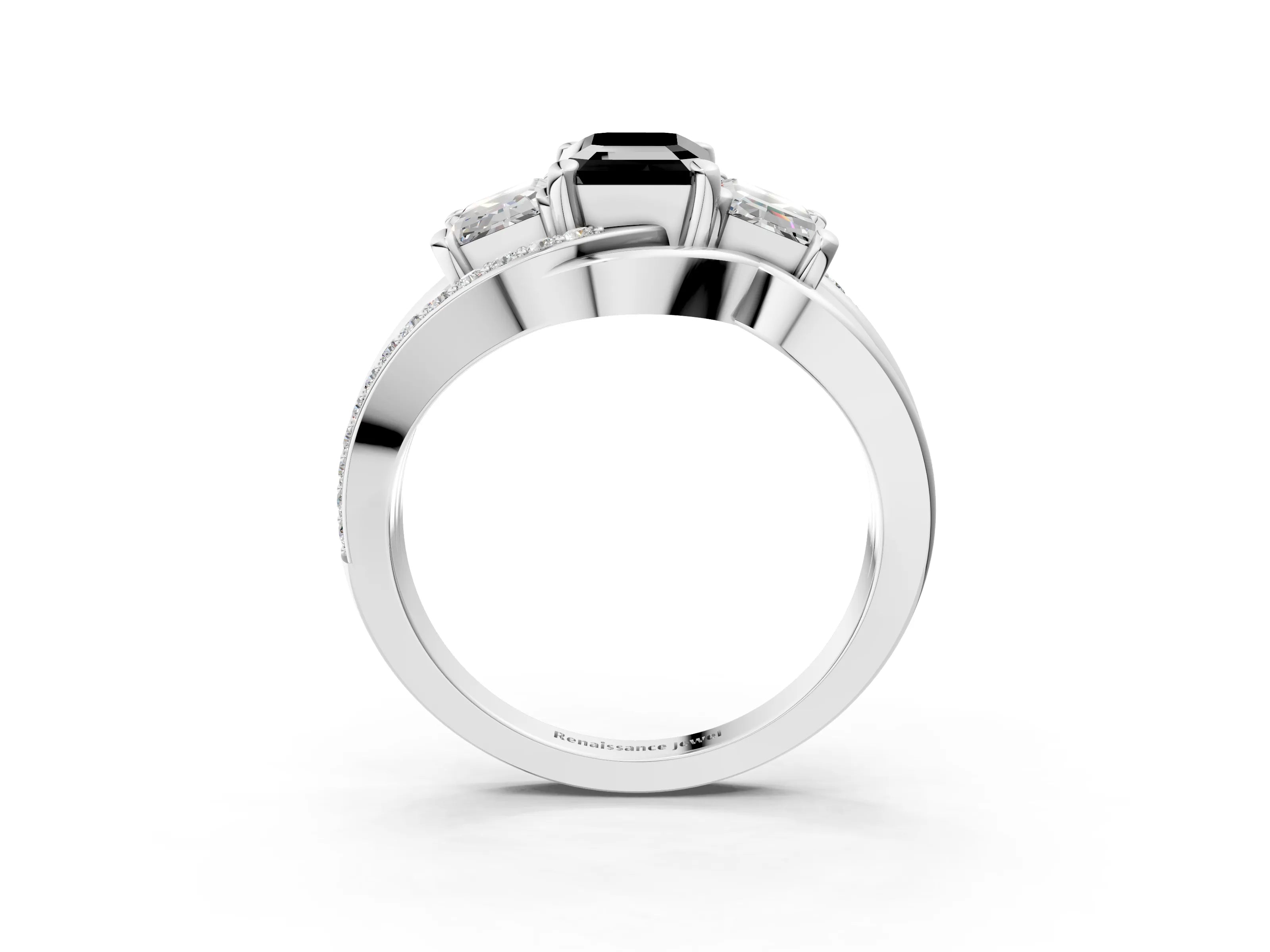 White gold Three-Stone Fancy Black Emerald Cut Cut Diamond Split Shank Prong Set Ring_27