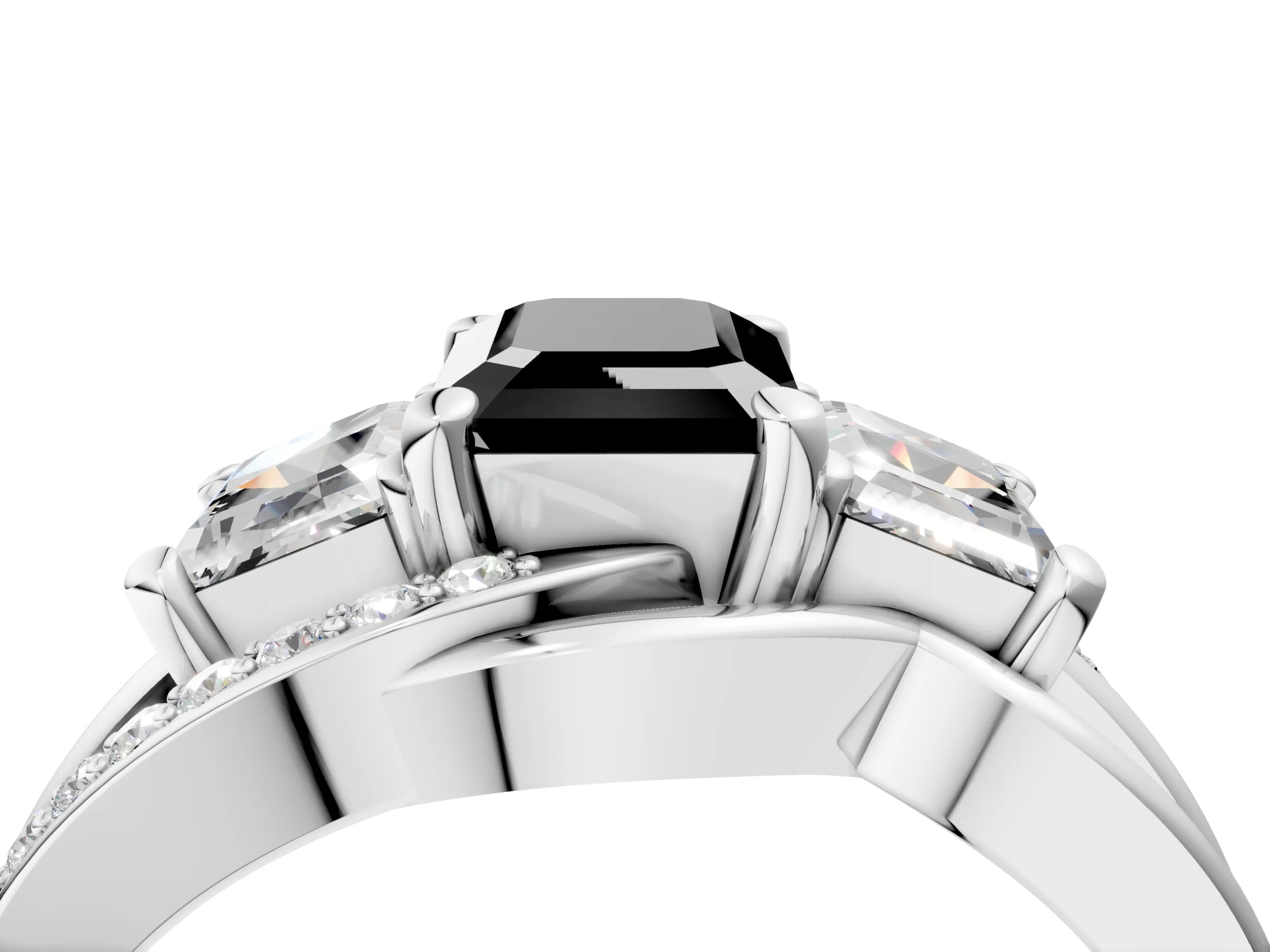 White gold Three-Stone Fancy Black Emerald Cut Cut Diamond Split Shank Prong Set Ring_28