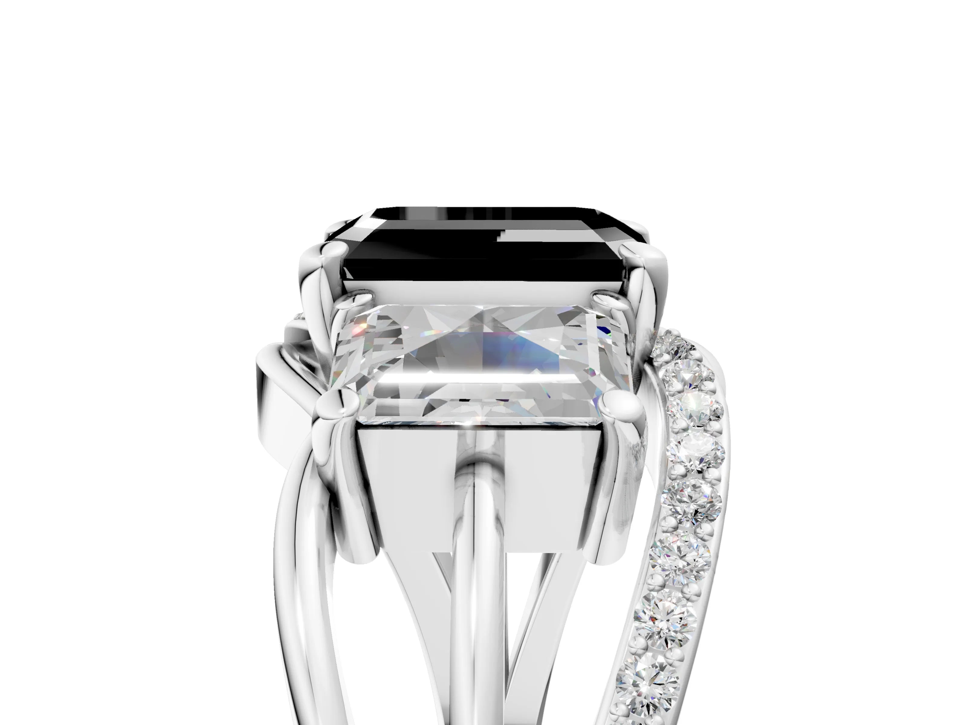White gold Three-Stone Fancy Black Emerald Cut Cut Diamond Split Shank Prong Set Ring_29