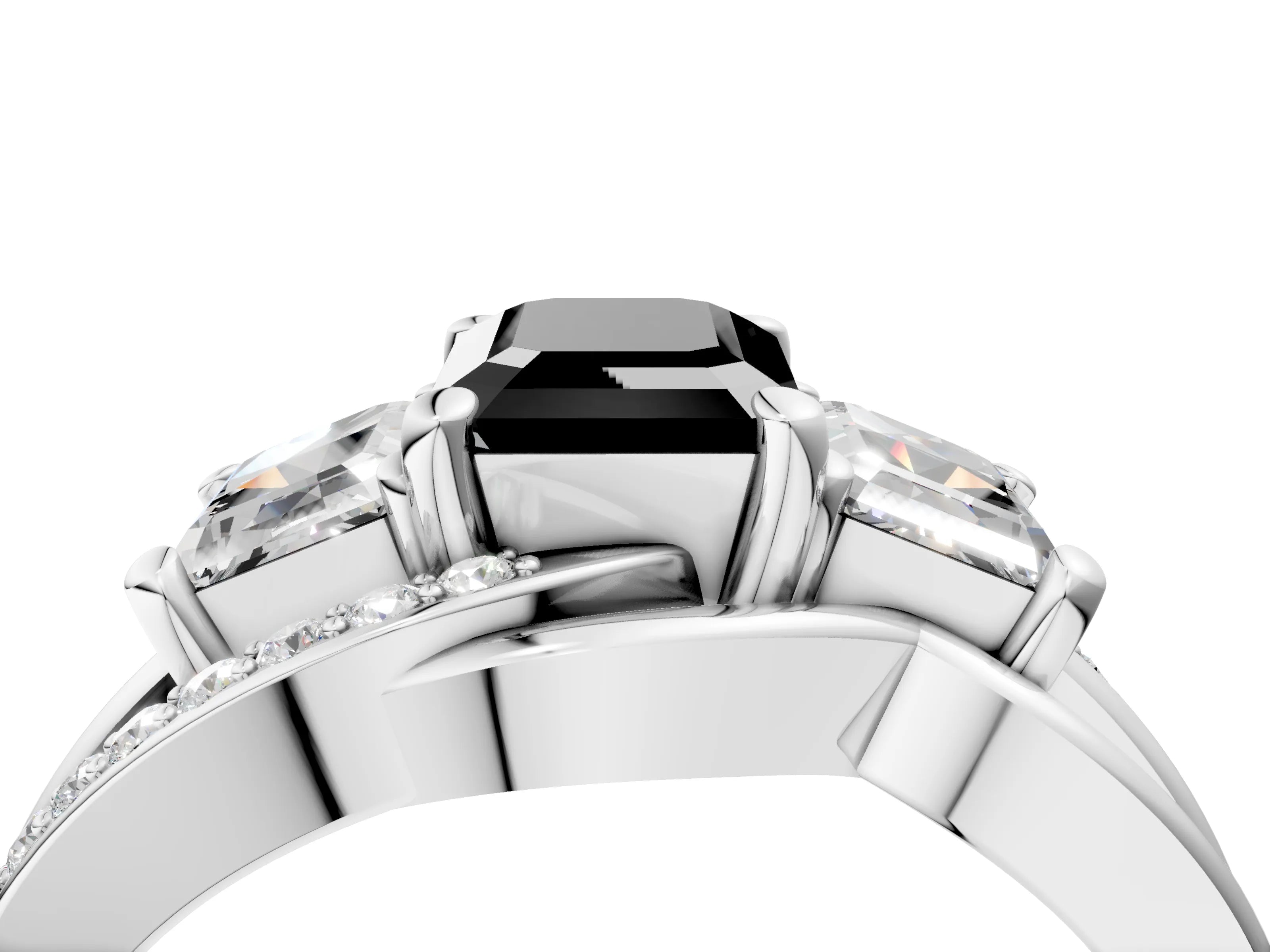 White gold Three-Stone Fancy Black Emerald Cut Cut Diamond Split Shank Prong Set Ring_4