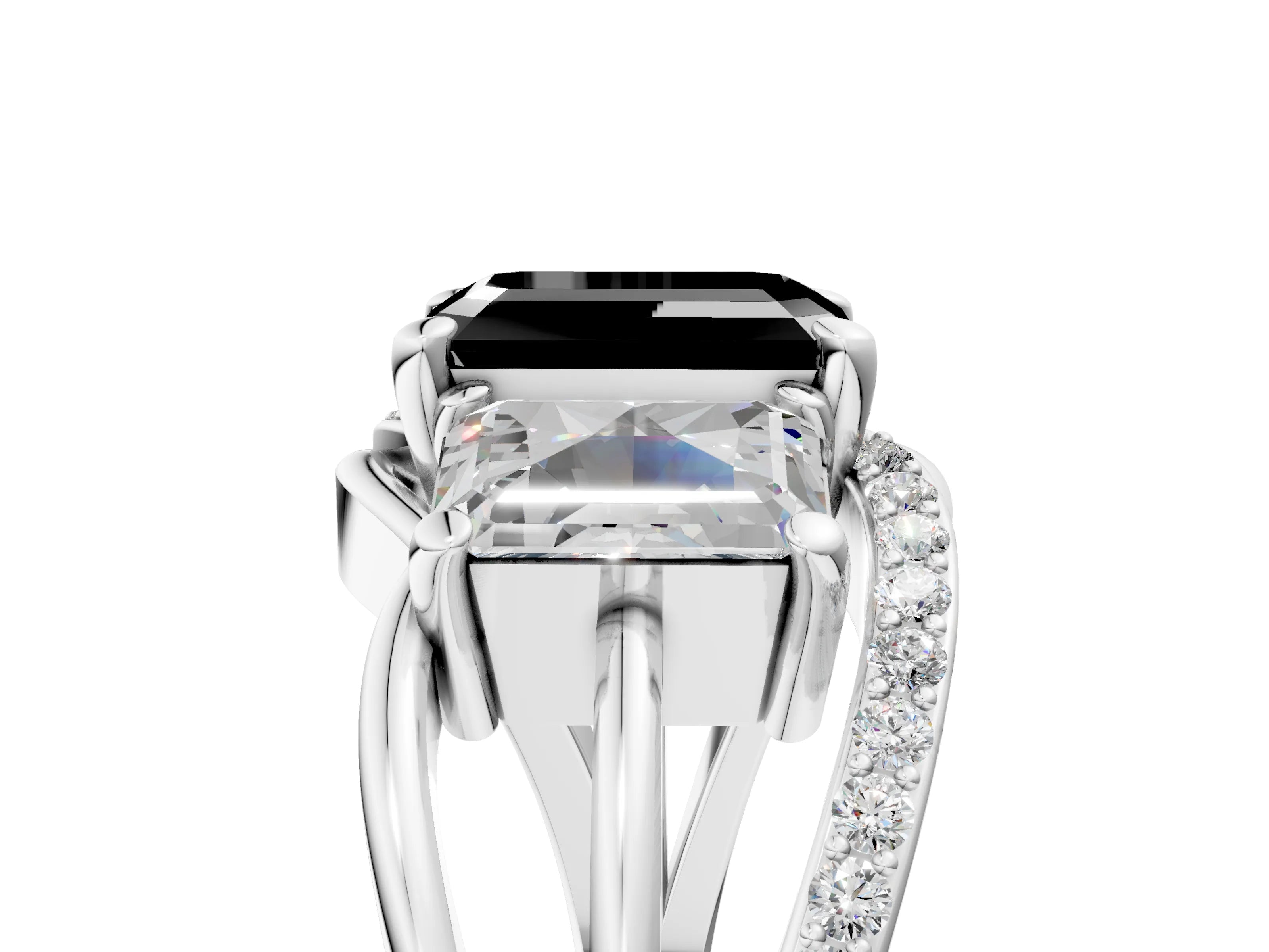 White gold Three-Stone Fancy Black Emerald Cut Cut Diamond Split Shank Prong Set Ring_5