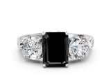 White gold Three-Stone Fancy Black Emerald Cut Cut Milgrain Band Prong Setting Ring